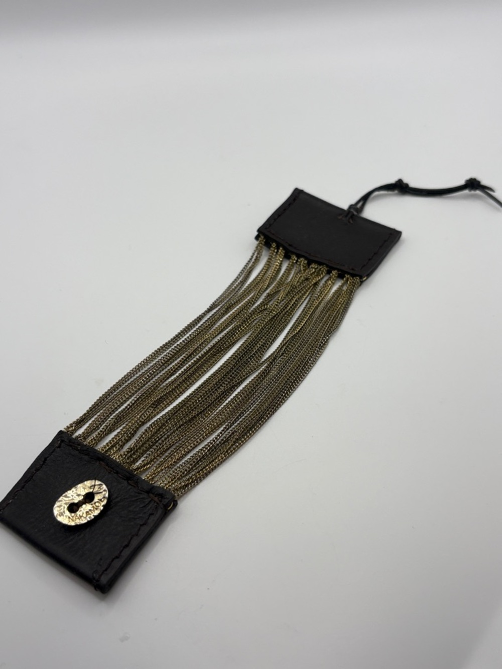 Nakamol Black Leather and Gold Chain Fringe Bracelet 6-7”